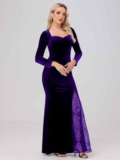 Elegant Sweetheart Long Sleeves Patchwork Sequin Lace Velvet Bridesmaid Dresses
