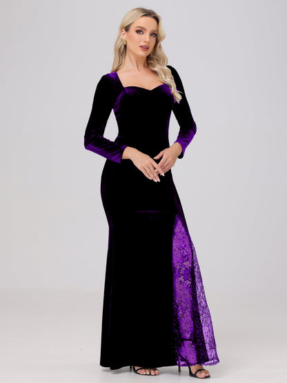 Elegant Sweetheart Long Sleeves Patchwork Sequin Lace Velvet Bridesmaid Dresses