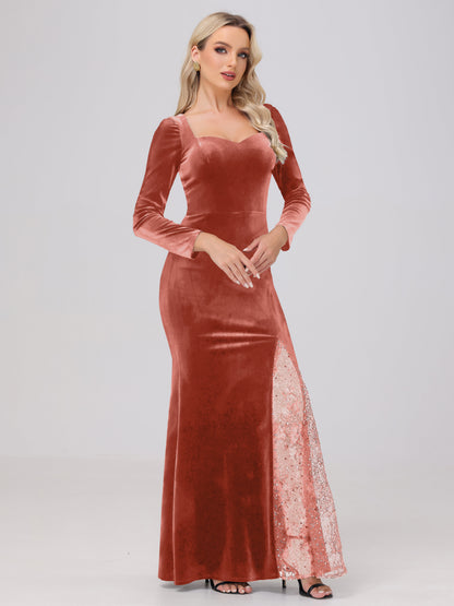 Elegant Sweetheart Long Sleeves Patchwork Sequin Lace Velvet Bridesmaid Dresses