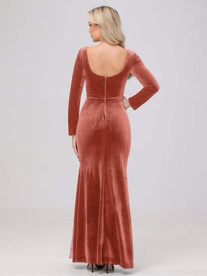 Elegant Sweetheart Long Sleeves Patchwork Sequin Lace Velvet Bridesmaid Dresses
