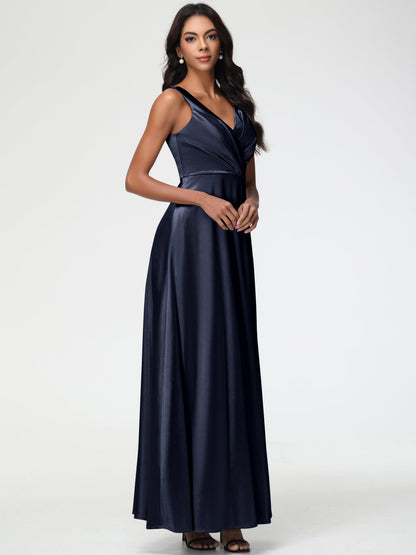 Dark Navy Bridesmaid Dress Sleeveless Stretch Satin V-Neck Floor Length A Line Long Stretch Satin Bridesmaid Dresses