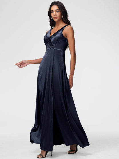 Dark Navy Bridesmaid Dress Sleeveless Stretch Satin V-Neck Floor Length A Line Long Stretch Satin Bridesmaid Dresses