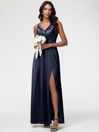 Dark Navy Bridesmaid Dress Sleeveless Stretch Satin V-Neck Floor Length A Line Long Stretch Satin Bridesmaid Dresses