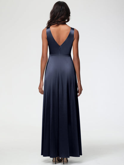 Dark Navy Bridesmaid Dress Sleeveless Stretch Satin V-Neck Floor Length A Line Long Stretch Satin Bridesmaid Dresses