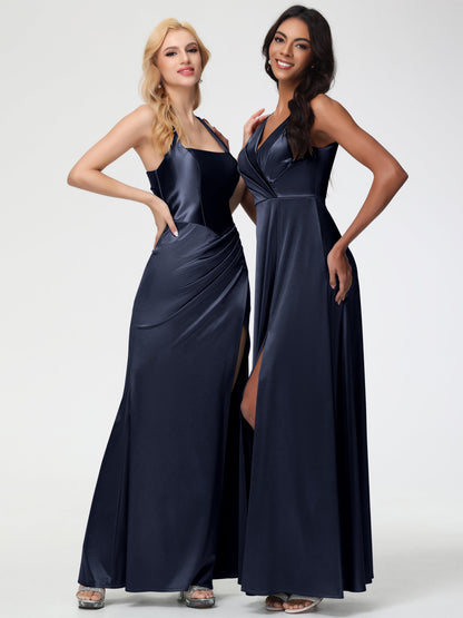 Dark Navy Bridesmaid Dress Sleeveless Stretch Satin V-Neck Floor Length A Line Long Stretch Satin Bridesmaid Dresses
