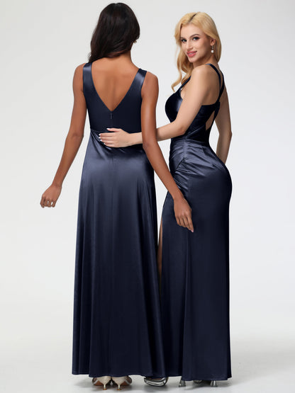 Dark Navy Bridesmaid Dress Sleeveless Stretch Satin V-Neck Floor Length A Line Long Stretch Satin Bridesmaid Dresses