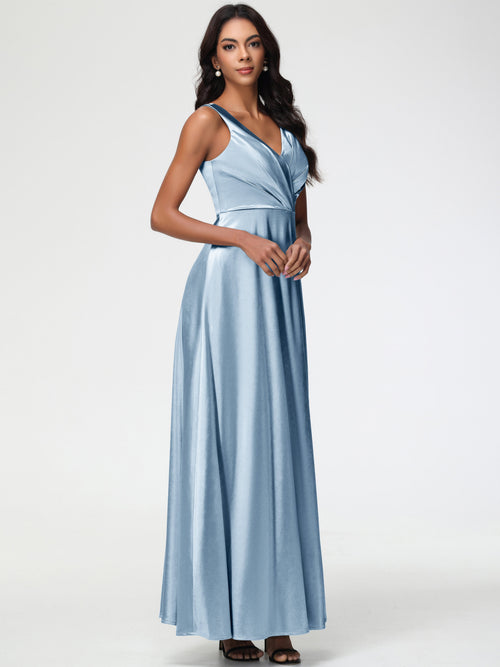 Dusty Blue Bridesmaid Dresses Sleeveless Stretch Satin V-Neck Floor Length A Line Long Stretch Satin Bridesmaid Dresses