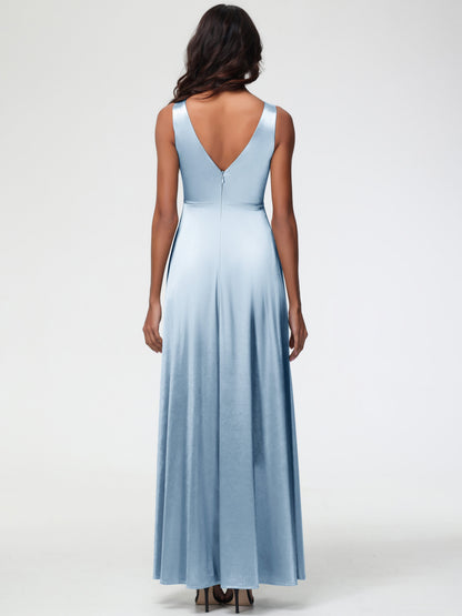 Dusty Blue Bridesmaid Dresses Sleeveless Stretch Satin V-Neck Floor Length A Line Long Stretch Satin Bridesmaid Dresses