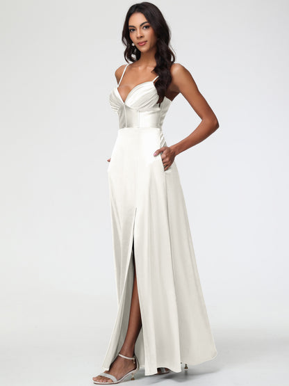 Bridesmaid Dresses Ivory Simple Spaghetti Straps Elegant V-Neck Floor Length Stretch Satin Bridesmaid Dress With Slit