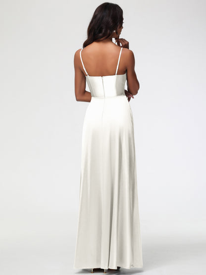 Bridesmaid Dresses Ivory Simple Spaghetti Straps Elegant V-Neck Floor Length Stretch Satin Bridesmaid Dress With Slit