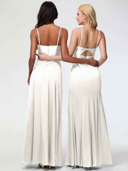 Bridesmaid Dresses Ivory Simple Spaghetti Straps Elegant V-Neck Floor Length Stretch Satin Bridesmaid Dress With Slit