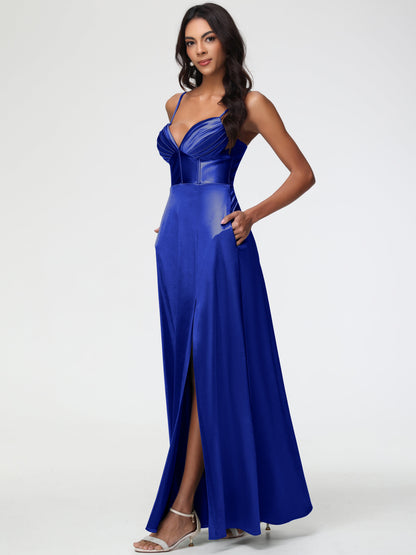 Royal Blue Infinity Dress Bridesmaid Simple Spaghetti Straps Elegant V-Neck Floor Length Stretch Satin Bridesmaid Dress With Slit