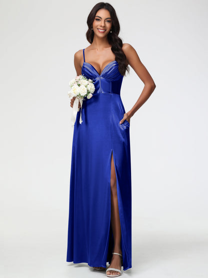 Royal Blue Infinity Dress Bridesmaid Simple Spaghetti Straps Elegant V-Neck Floor Length Stretch Satin Bridesmaid Dress With Slit