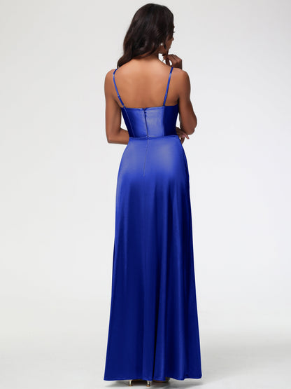 Royal Blue Infinity Dress Bridesmaid Simple Spaghetti Straps Elegant V-Neck Floor Length Stretch Satin Bridesmaid Dress With Slit
