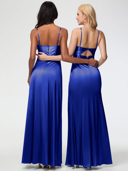 Royal Blue Infinity Dress Bridesmaid Simple Spaghetti Straps Elegant V-Neck Floor Length Stretch Satin Bridesmaid Dress With Slit