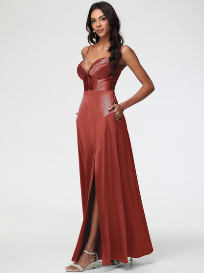 Rust Color Dress Bridesmaid Simple Spaghetti Straps Elegant V-Neck Floor Length Stretch Satin Bridesmaid Dress With Slit