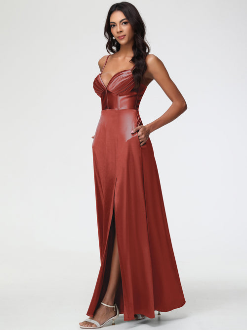 Rust Color Dress Bridesmaid Simple Spaghetti Straps Elegant V-Neck Floor Length Stretch Satin Bridesmaid Dress With Slit