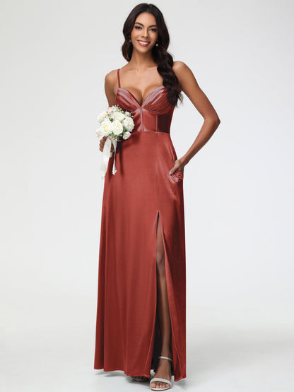 Rust Color Dress Bridesmaid Simple Spaghetti Straps Elegant V-Neck Floor Length Stretch Satin Bridesmaid Dress With Slit