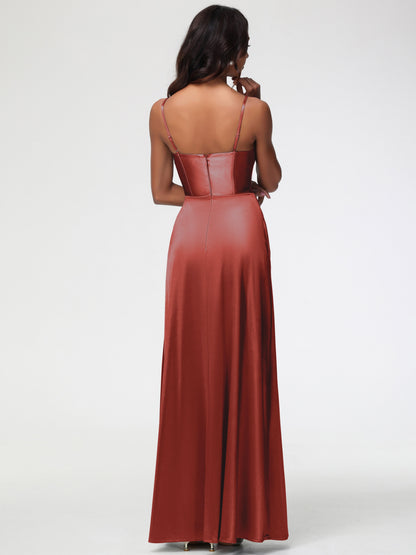 Rust Color Dress Bridesmaid Simple Spaghetti Straps Elegant V-Neck Floor Length Stretch Satin Bridesmaid Dress With Slit