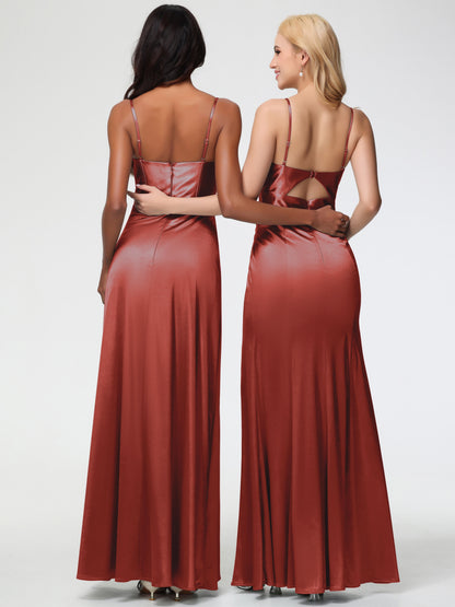 Rust Color Dress Bridesmaid Simple Spaghetti Straps Elegant V-Neck Floor Length Stretch Satin Bridesmaid Dress With Slit