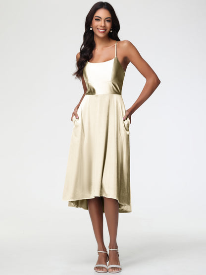 Champagne A Line Bridesmaid Dress Minimalist A Line Spaghetti Straps Sleeveless Stretch Satin Bridesmaid Dress