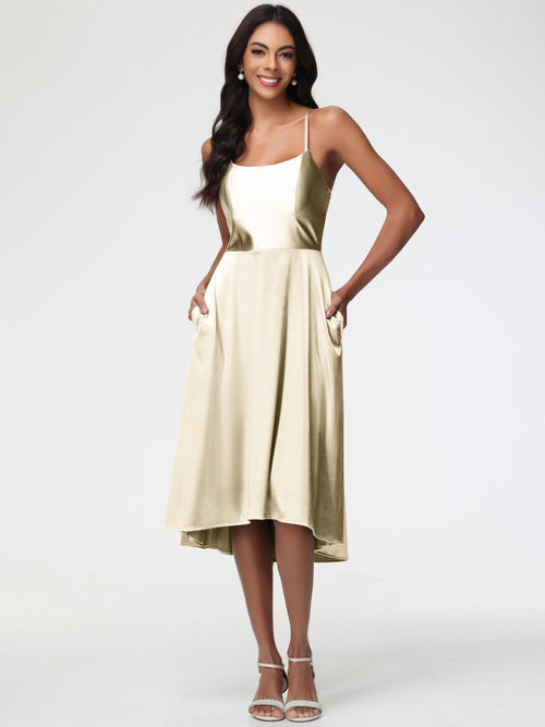 Champagne A Line Bridesmaid Dress Minimalist A Line Spaghetti Straps Sleeveless Stretch Satin Bridesmaid Dress
