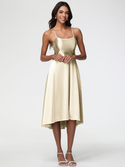 Champagne A Line Bridesmaid Dress Minimalist A Line Spaghetti Straps Sleeveless Stretch Satin Bridesmaid Dress