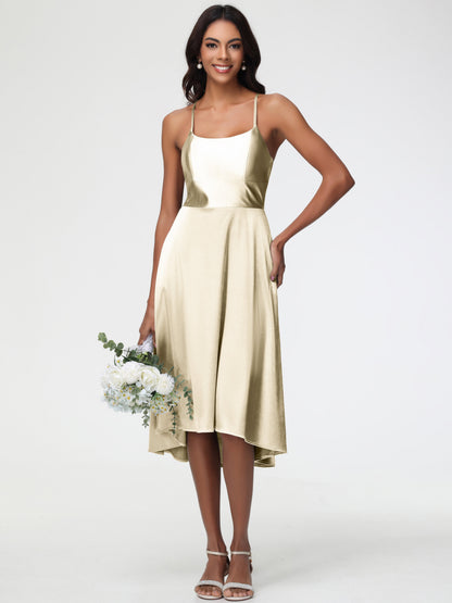 Champagne A Line Bridesmaid Dress Minimalist A Line Spaghetti Straps Sleeveless Stretch Satin Bridesmaid Dress
