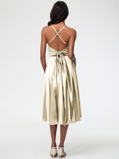 Champagne A Line Bridesmaid Dress Minimalist A Line Spaghetti Straps Sleeveless Stretch Satin Bridesmaid Dress