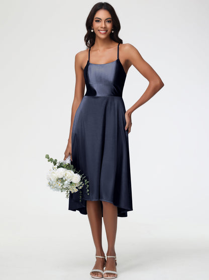 Dark Navy Bridesmaid Dresses Minimalist A Line Spaghetti Straps Sleeveless Stretch Satin Bridesmaid Dress
