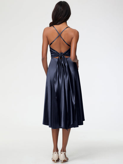Dark Navy Bridesmaid Dresses Minimalist A Line Spaghetti Straps Sleeveless Stretch Satin Bridesmaid Dress