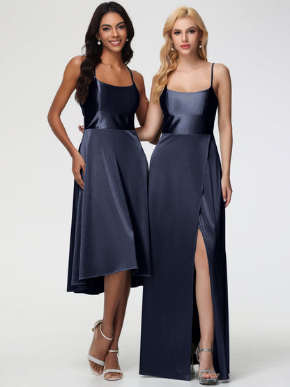 Dark Navy Bridesmaid Dresses Minimalist A Line Spaghetti Straps Sleeveless Stretch Satin Bridesmaid Dress