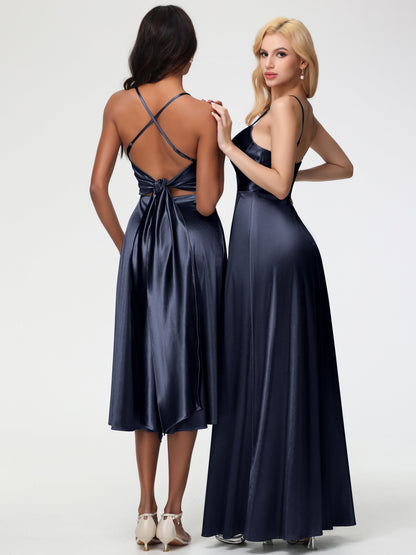 Dark Navy Bridesmaid Dresses Minimalist A Line Spaghetti Straps Sleeveless Stretch Satin Bridesmaid Dress