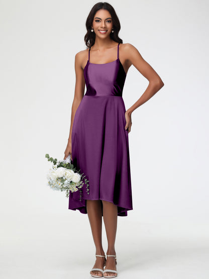 Grape Bridesmaid Dresses Minimalist A Line Spaghetti Straps Sleeveless Stretch Satin Bridesmaid Dress