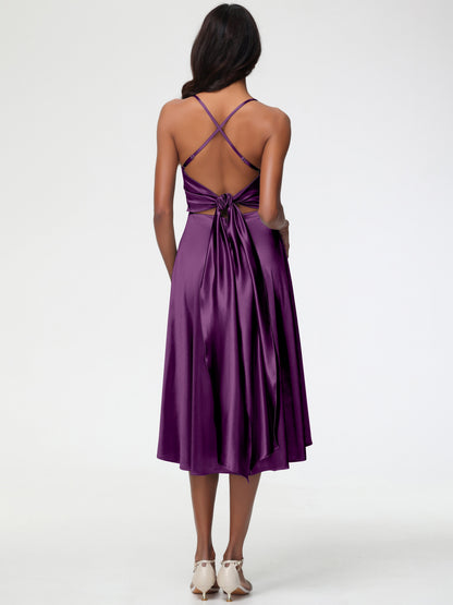 Grape Bridesmaid Dresses Minimalist A Line Spaghetti Straps Sleeveless Stretch Satin Bridesmaid Dress