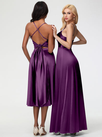 Grape Bridesmaid Dresses Minimalist A Line Spaghetti Straps Sleeveless Stretch Satin Bridesmaid Dress