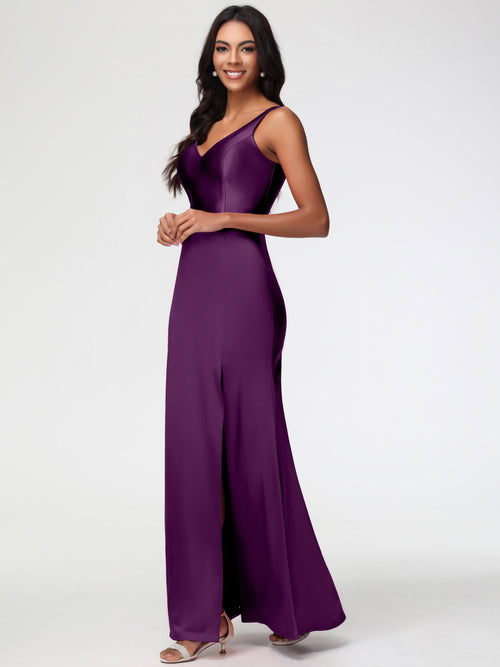 Bridesmaid Dress Grape Elegant Sleeveless Sheath/Column V-Neck Floor Length Stretch Satin Bridesmaid Dress