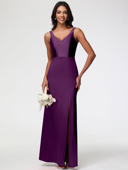 Bridesmaid Dress Grape Elegant Sleeveless Sheath/Column V-Neck Floor Length Stretch Satin Bridesmaid Dress