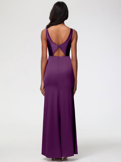 Bridesmaid Dress Grape Elegant Sleeveless Sheath/Column V-Neck Floor Length Stretch Satin Bridesmaid Dress