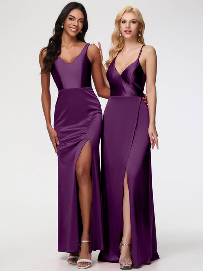 Bridesmaid Dress Grape Elegant Sleeveless Sheath/Column V-Neck Floor Length Stretch Satin Bridesmaid Dress
