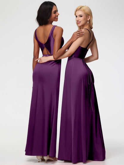 Bridesmaid Dress Grape Elegant Sleeveless Sheath/Column V-Neck Floor Length Stretch Satin Bridesmaid Dress
