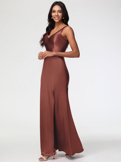 Bridesmaid Dress Terracotta Elegant Sleeveless Sheath/Column V-Neck Floor Length Stretch Satin Bridesmaid Dress