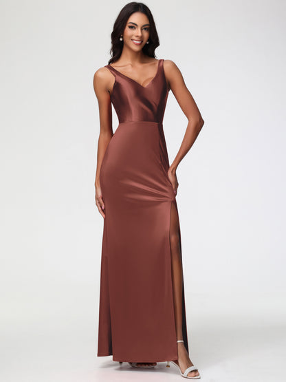 Bridesmaid Dress Terracotta Elegant Sleeveless Sheath/Column V-Neck Floor Length Stretch Satin Bridesmaid Dress