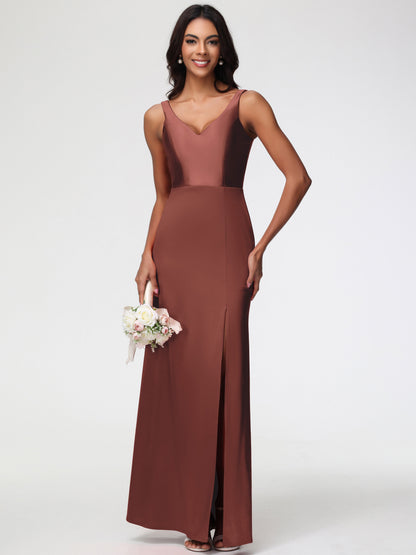 Bridesmaid Dress Terracotta Elegant Sleeveless Sheath/Column V-Neck Floor Length Stretch Satin Bridesmaid Dress