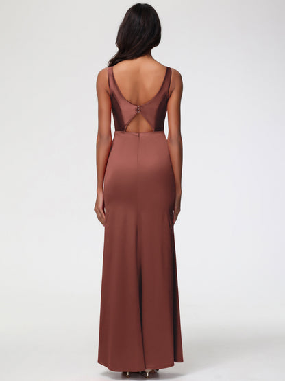 Bridesmaid Dress Terracotta Elegant Sleeveless Sheath/Column V-Neck Floor Length Stretch Satin Bridesmaid Dress