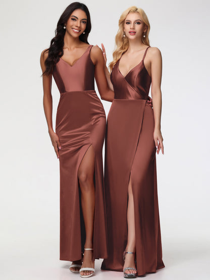 Bridesmaid Dress Terracotta Elegant Sleeveless Sheath/Column V-Neck Floor Length Stretch Satin Bridesmaid Dress