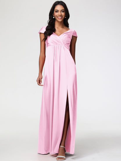 Blushing Pink Bridesmaid Dress V-Neck Minimalist Cap Sleeves A Line Stretch Satin Bridesmaid Dress