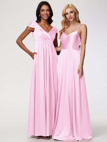 Blushing Pink Bridesmaid Dress V-Neck Minimalist Cap Sleeves A Line Stretch Satin Bridesmaid Dress