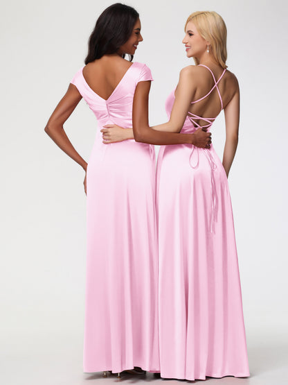 Blushing Pink Bridesmaid Dress V-Neck Minimalist Cap Sleeves A Line Stretch Satin Bridesmaid Dress