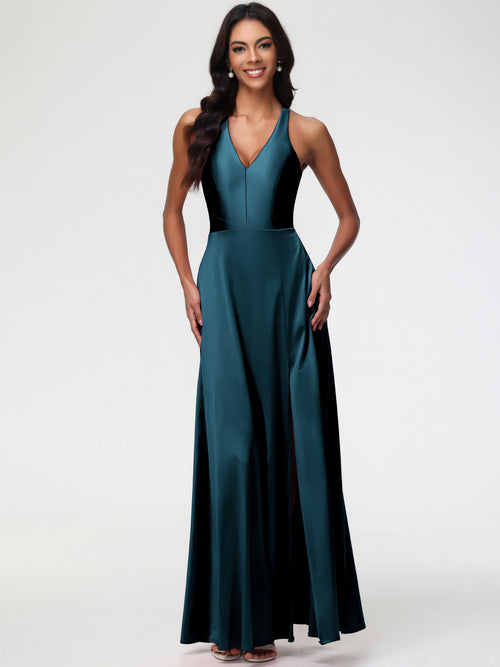 Bridesmaid Dress Peacock Elegant V-Neck A Line Slit Stretch Satin Long Bridesmaid Dress